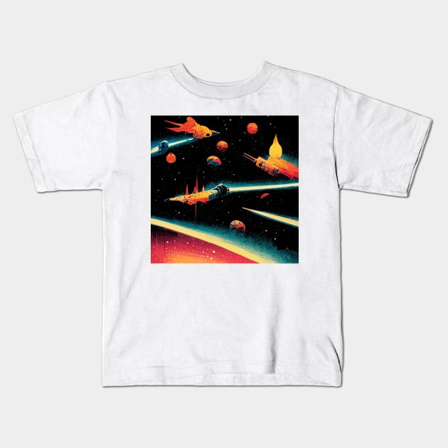 Retro Space Battle Kids T-Shirt by JonHerrera